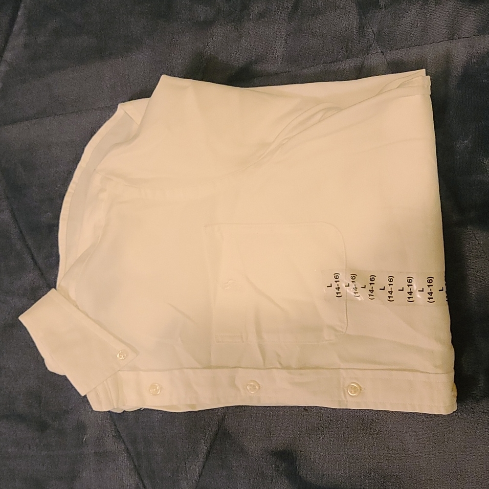 Ralph Lauren white, short-sleeved, button-down dress shirt with buttoned collar